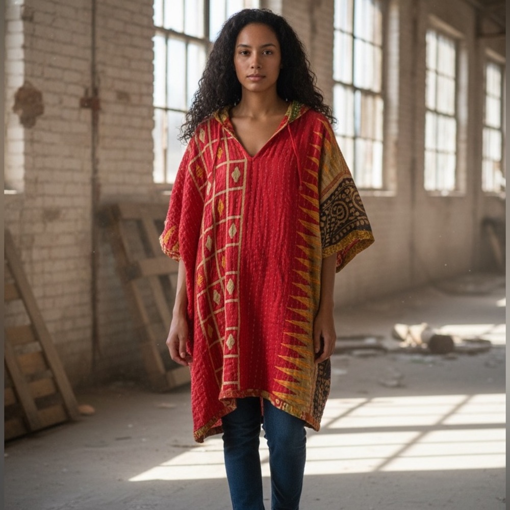 KANTHA Hooded Poncho ITEM 108 BOHO COMFY with pockets, handmade reversible OS - Picture 7 of 9
